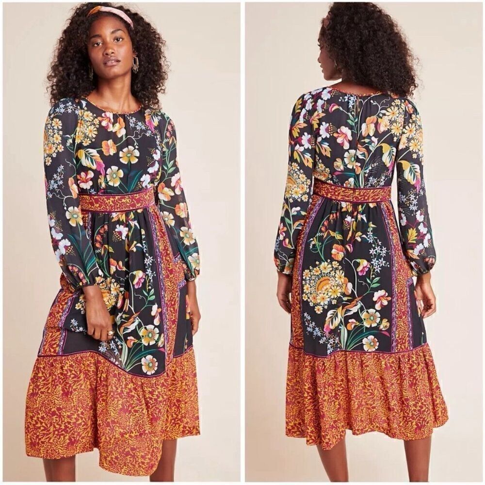 Anthropologie Adair Velvet-Trimmed Midi Dress Size 2